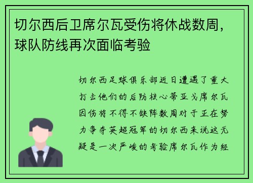 切尔西后卫席尔瓦受伤将休战数周，球队防线再次面临考验